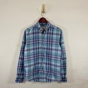 American Eagle Plaid Button Up Mens Medium Cotton Linen Blue Green Flannel